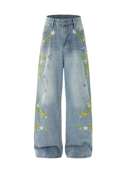 Floral Embroidered Jeans – Unisex Straight Leg Vintage Denim