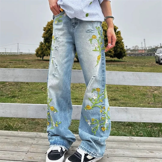Floral Embroidered Jeans – Unisex Straight Leg Vintage Denim