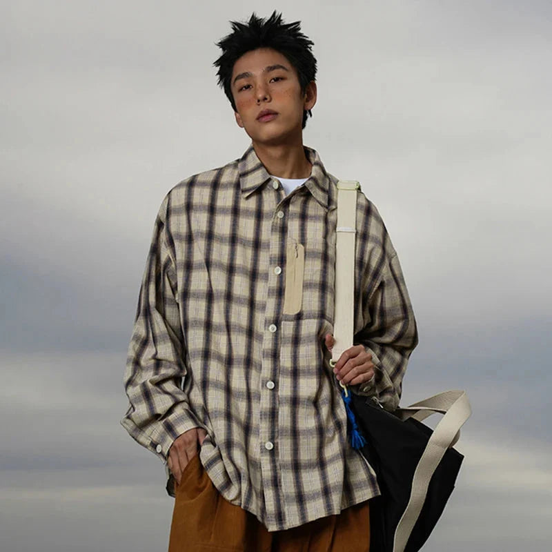 Vintage Plaid Button-Up Shirt – Men's Relaxed Long Sleeve Flannel
