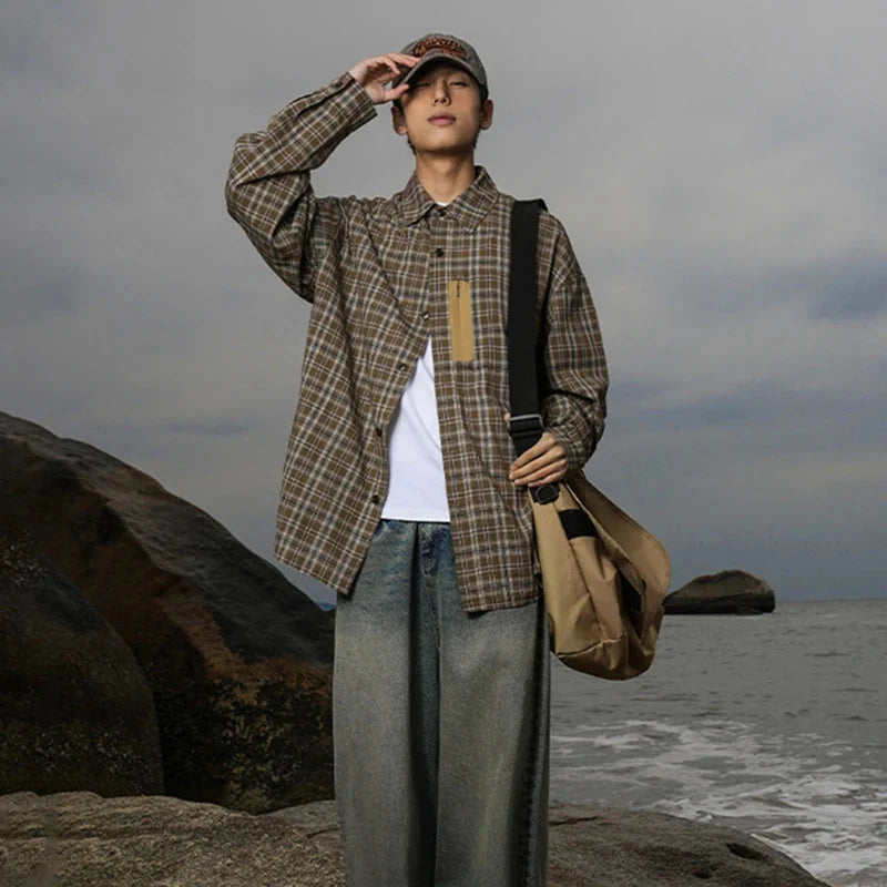 Vintage Plaid Button-Up Shirt – Men's Relaxed Long Sleeve Flannel