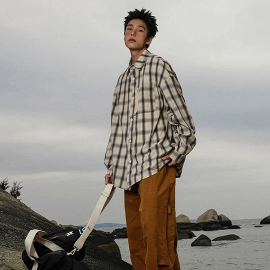 Vintage Plaid Button-Up Shirt – Men's Relaxed Long Sleeve Flannel