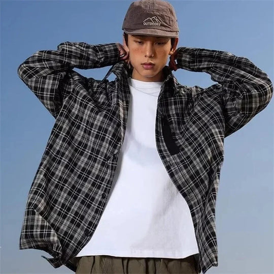 Vintage Plaid Button-Up Shirt – Men's Relaxed Long Sleeve Flannel
