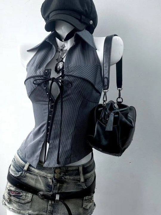 Striped Collared Vest Top – Women's Vintage Sleeveless