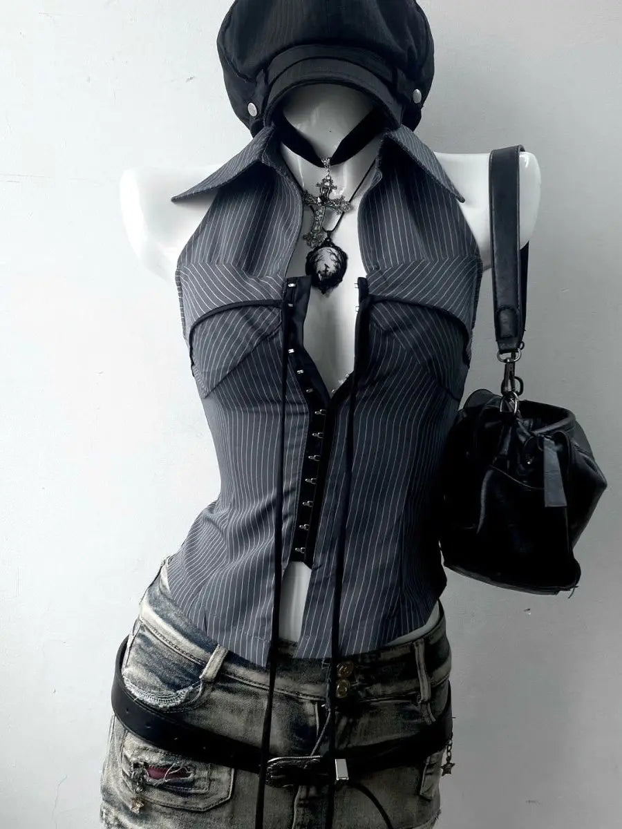Striped Collared Vest Top – Women's Vintage Sleeveless