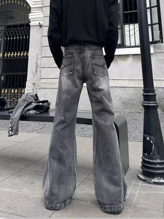 Stacked Flare Jeans – Unisex Washed Grey Baggy Denim