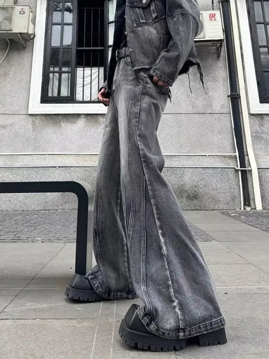 Stacked Flare Jeans – Unisex Washed Grey Baggy Denim