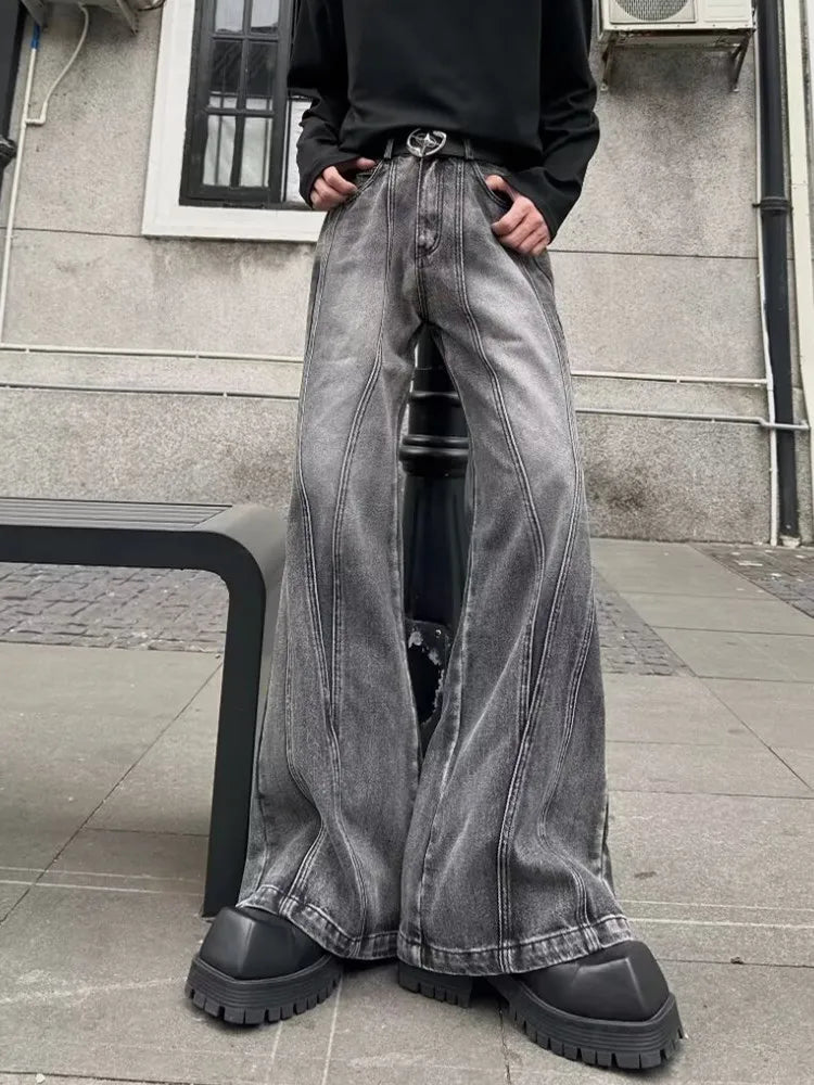 Stacked Flare Jeans – Unisex Washed Grey Baggy Denim