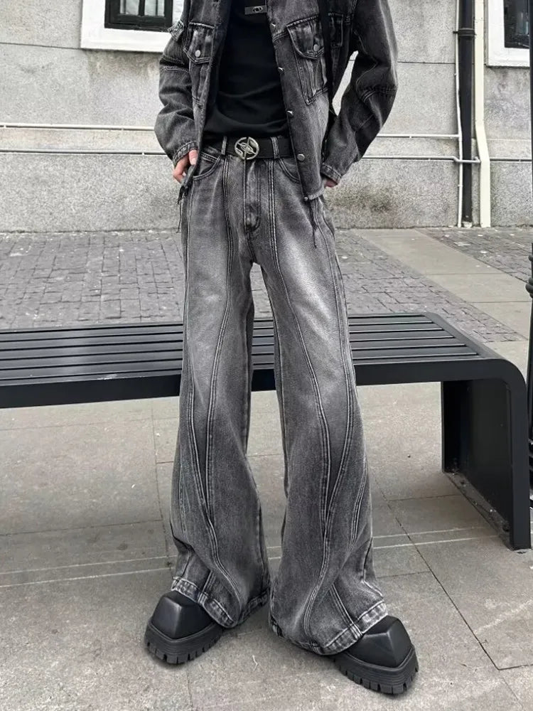 Stacked Flare Jeans – Unisex Washed Grey Baggy Denim