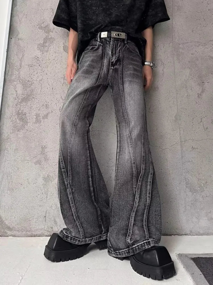 Stacked Flare Jeans – Unisex Washed Grey Baggy Denim