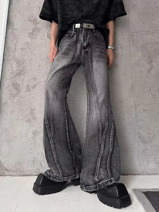 Stacked Flare Jeans – Unisex Washed Grey Baggy Denim