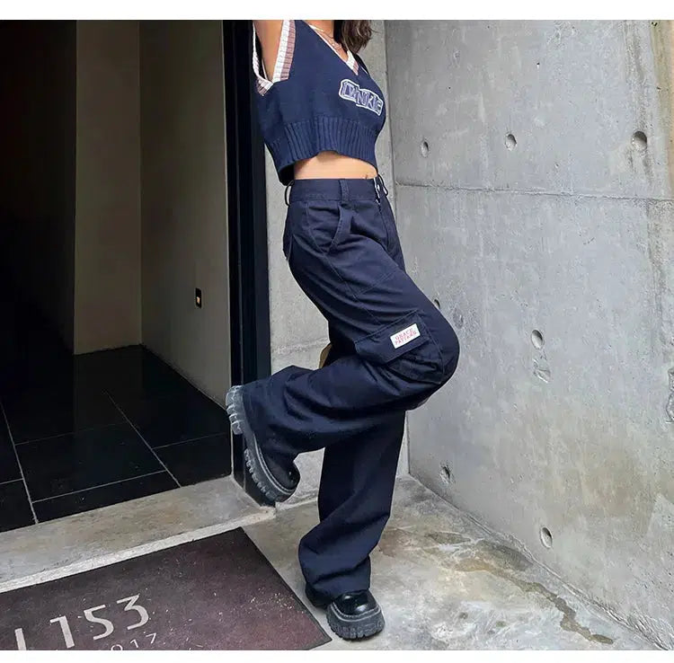 Wide-Leg Cargo Trousers – Women's Contrast Waistband Pants