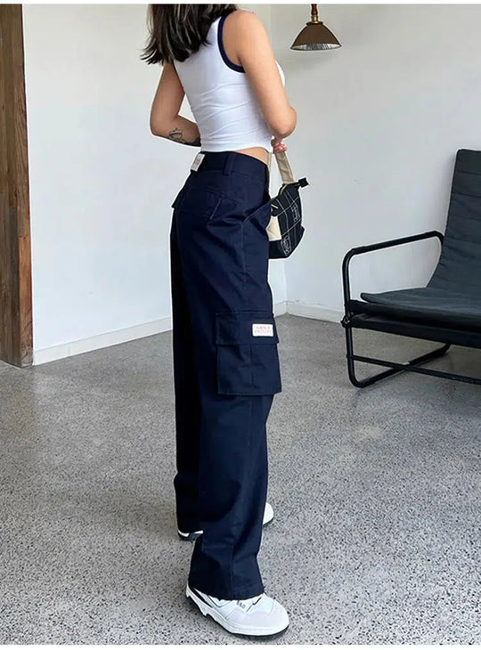 Wide-Leg Cargo Trousers – Women's Contrast Waistband Pants