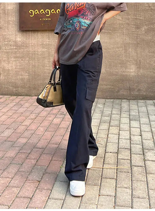Wide-Leg Cargo Trousers – Women's Contrast Waistband Pants