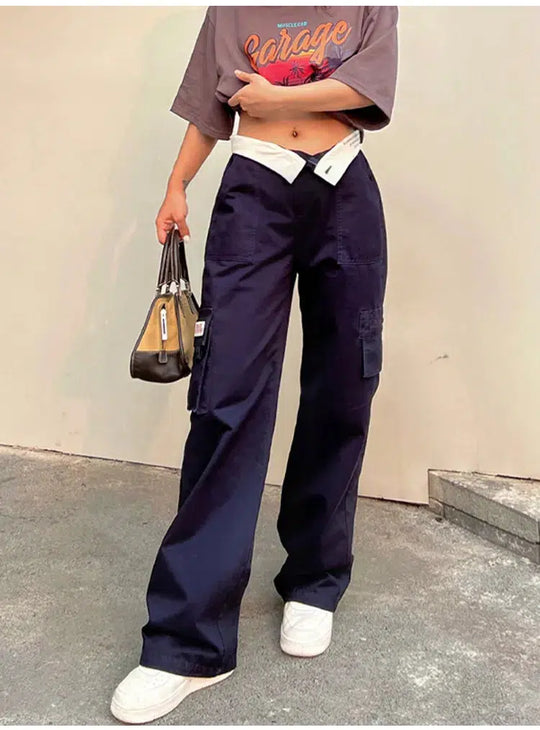 Wide-Leg Cargo Trousers – Women's Contrast Waistband Pants