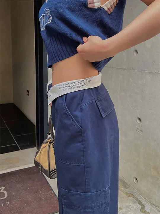 Wide-Leg Cargo Trousers – Women's Contrast Waistband Pants