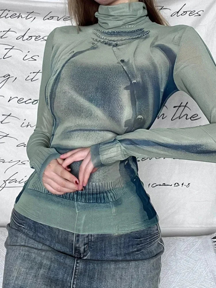 Turtle Neck Graphic Top – Women's Fitted Long Sleeve