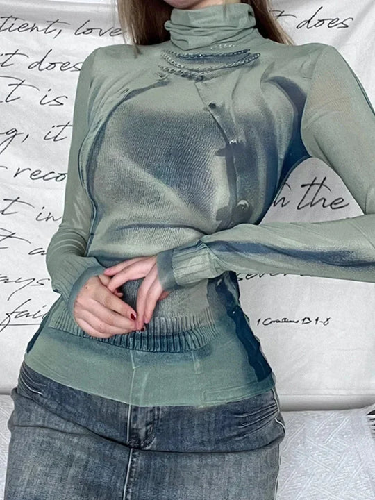 Turtle Neck Graphic Top – Women's Fitted Long Sleeve
