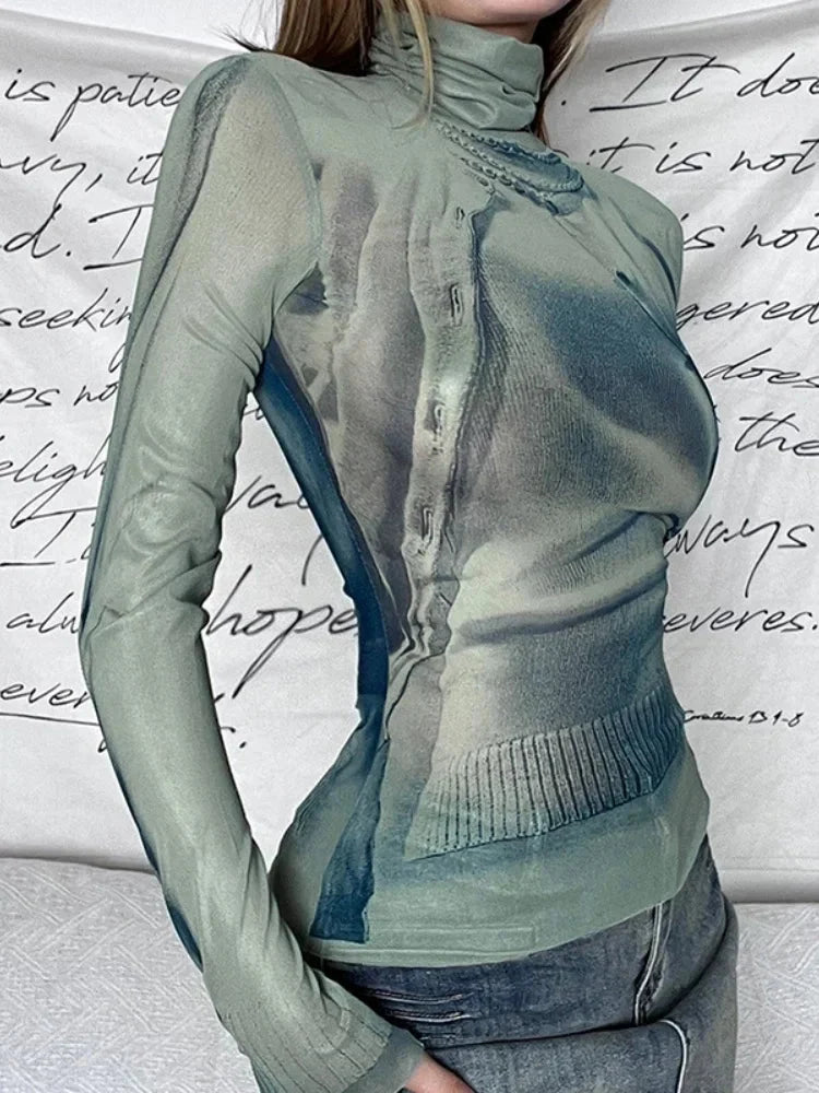 Turtle Neck Graphic Top – Women's Fitted Long Sleeve