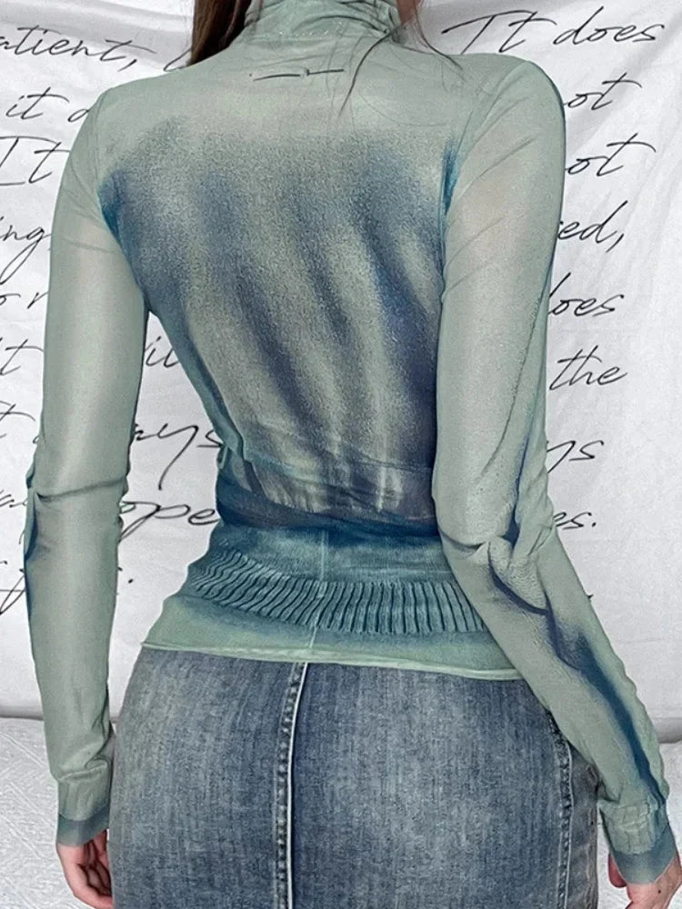 Turtle Neck Graphic Top – Women's Fitted Long Sleeve