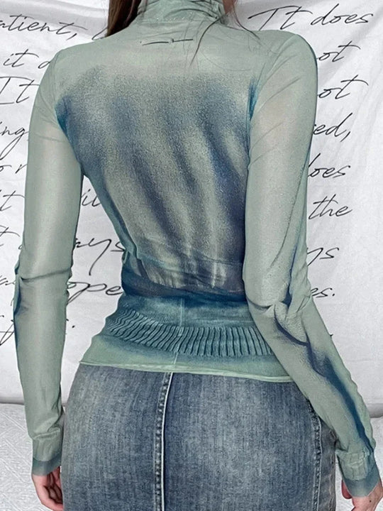 Turtle Neck Graphic Top – Women's Fitted Long Sleeve