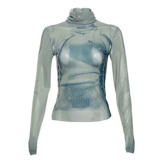 Turtle Neck Graphic Top – Women's Fitted Long Sleeve