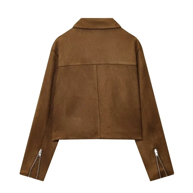 Cropped Distressed Suede Bomber Jacket – Women's Zip-Up Coat