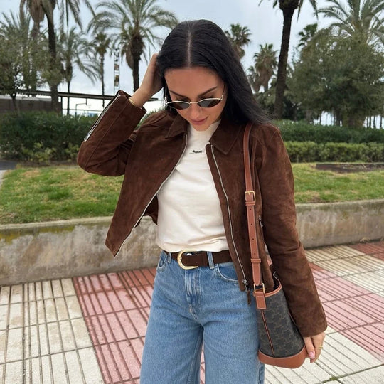 Cropped Distressed Suede Bomber Jacket – Women's Zip-Up Coat