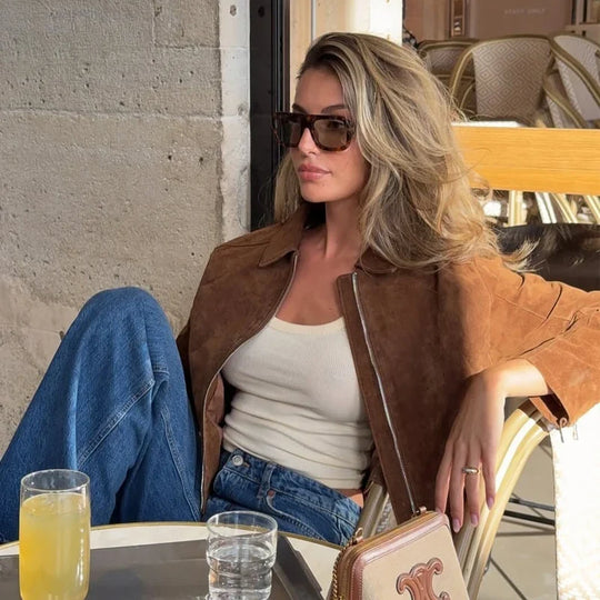Cropped Distressed Suede Bomber Jacket – Women's Zip-Up Coat