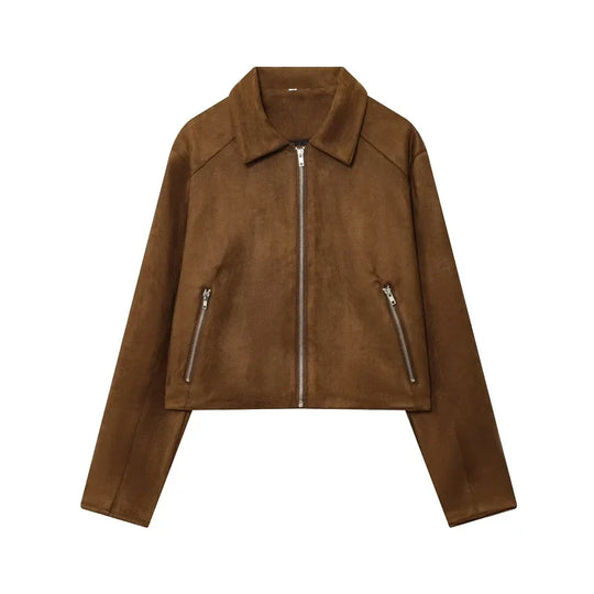 Cropped Distressed Suede Bomber Jacket – Women's Zip-Up Coat