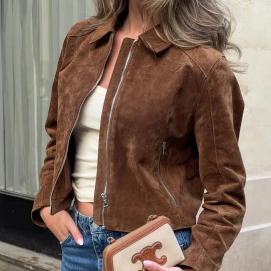 Cropped Distressed Suede Bomber Jacket – Women's Zip-Up Coat