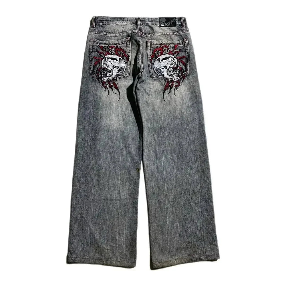 Grunge Skull Embroidered Jeans – Unisex Mid-Rise Faded Denim