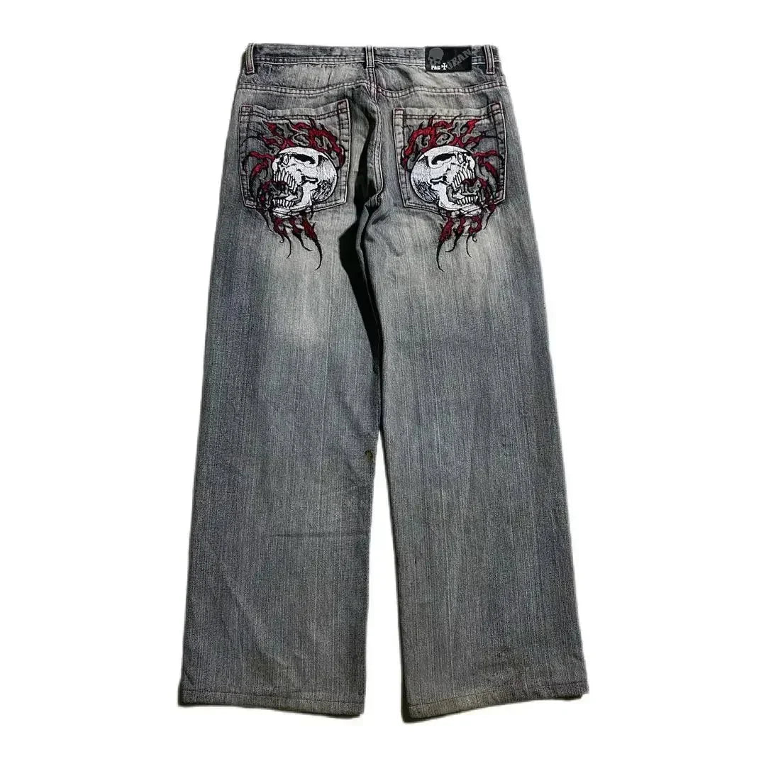 Grunge Skull Embroidered Jeans – Unisex Mid-Rise Faded Denim
