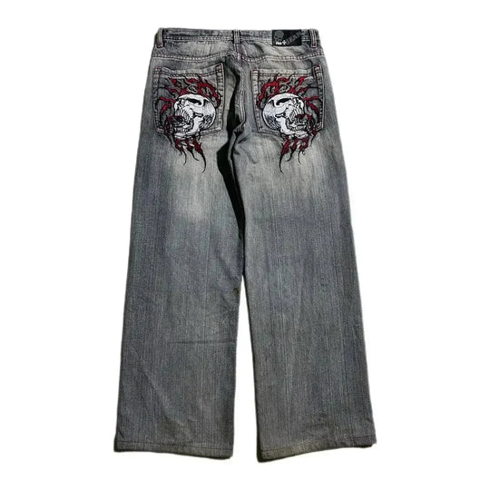Grunge Skull Embroidered Jeans – Unisex Mid-Rise Faded Denim