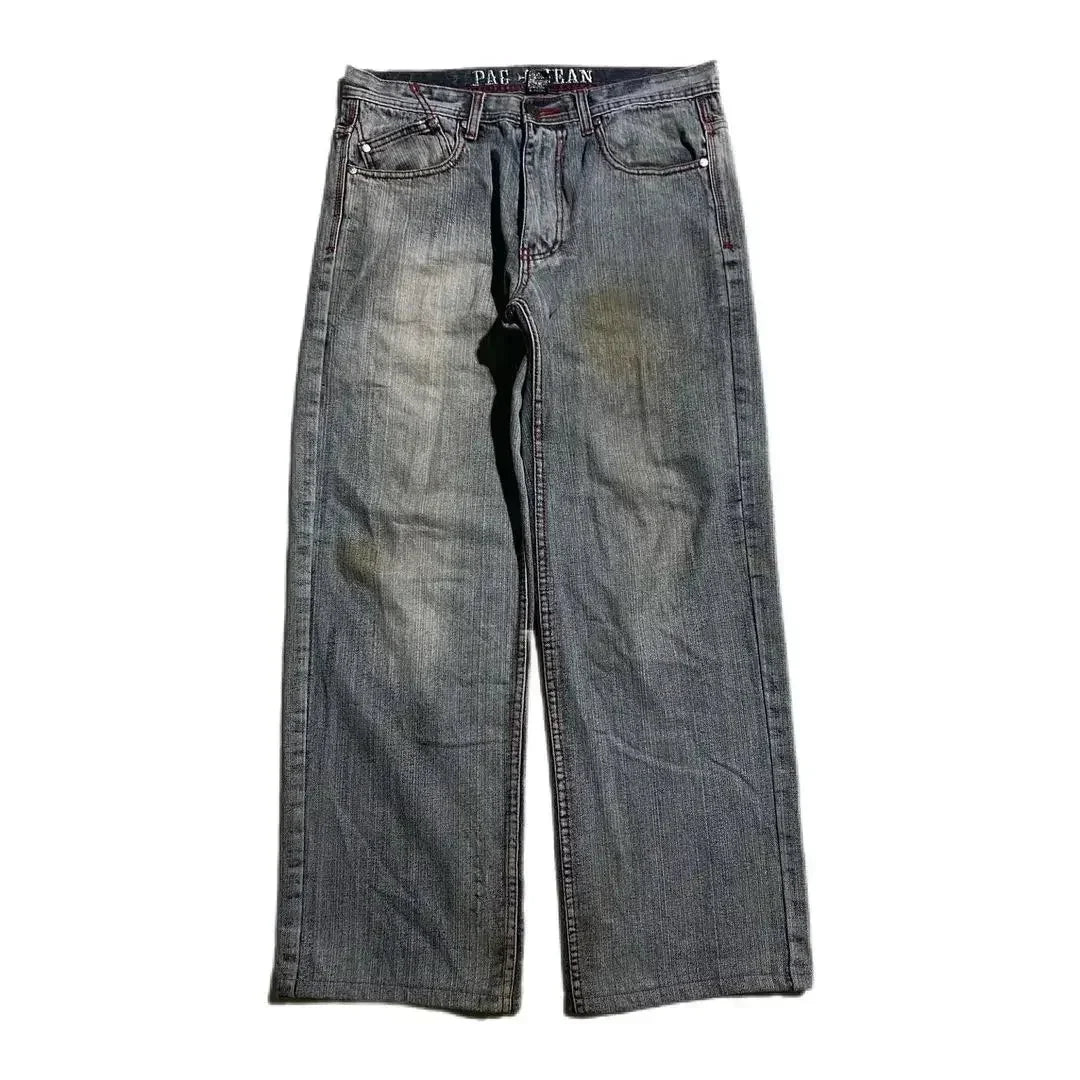Grunge Skull Embroidered Jeans – Unisex Mid-Rise Faded Denim