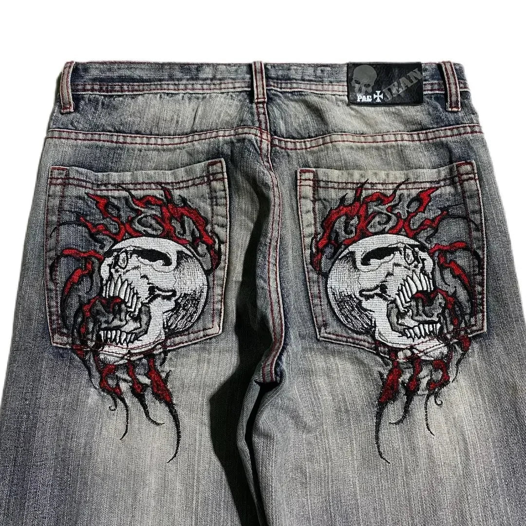 Grunge Skull Embroidered Jeans – Unisex Mid-Rise Faded Denim