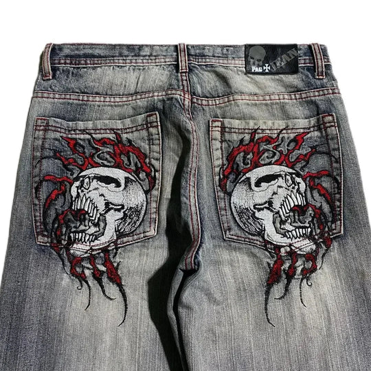 Grunge Skull Embroidered Jeans – Unisex Mid-Rise Faded Denim
