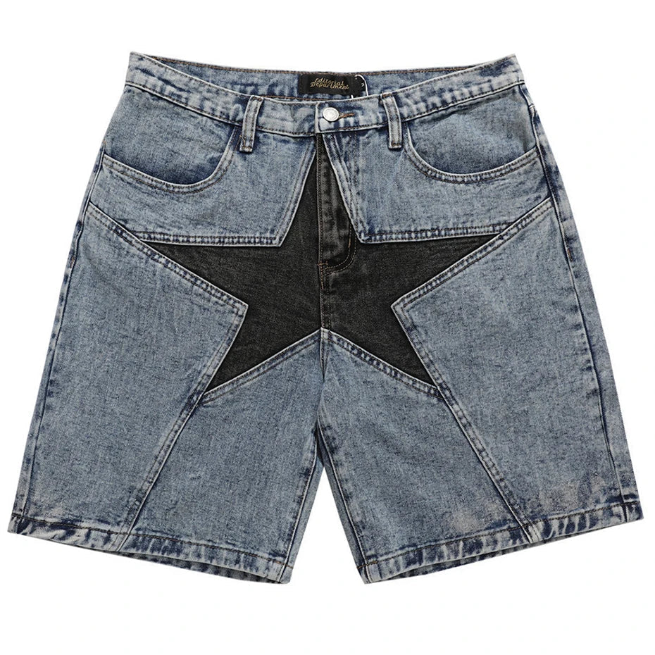 ACID-WASH DENIM SHORTS WITH BLACK STAR DESIGN HIP HOP SHORTS