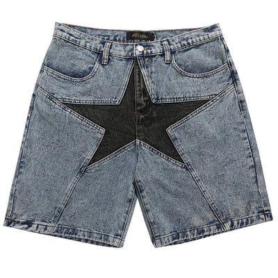 ACID-WASH DENIM SHORTS WITH BLACK STAR DESIGN HIP HOP SHORTS