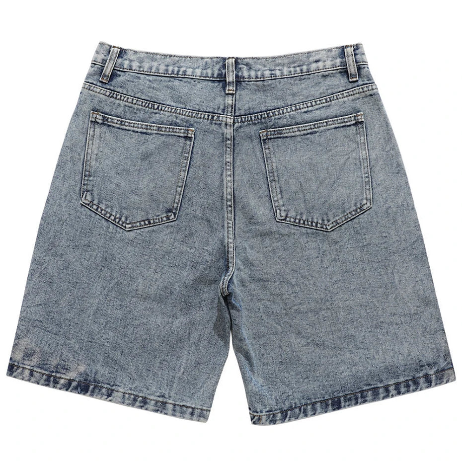 ACID-WASH DENIM SHORTS WITH BLACK STAR DESIGN HIP HOP SHORTS