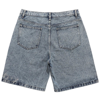 ACID-WASH DENIM SHORTS WITH BLACK STAR DESIGN HIP HOP SHORTS