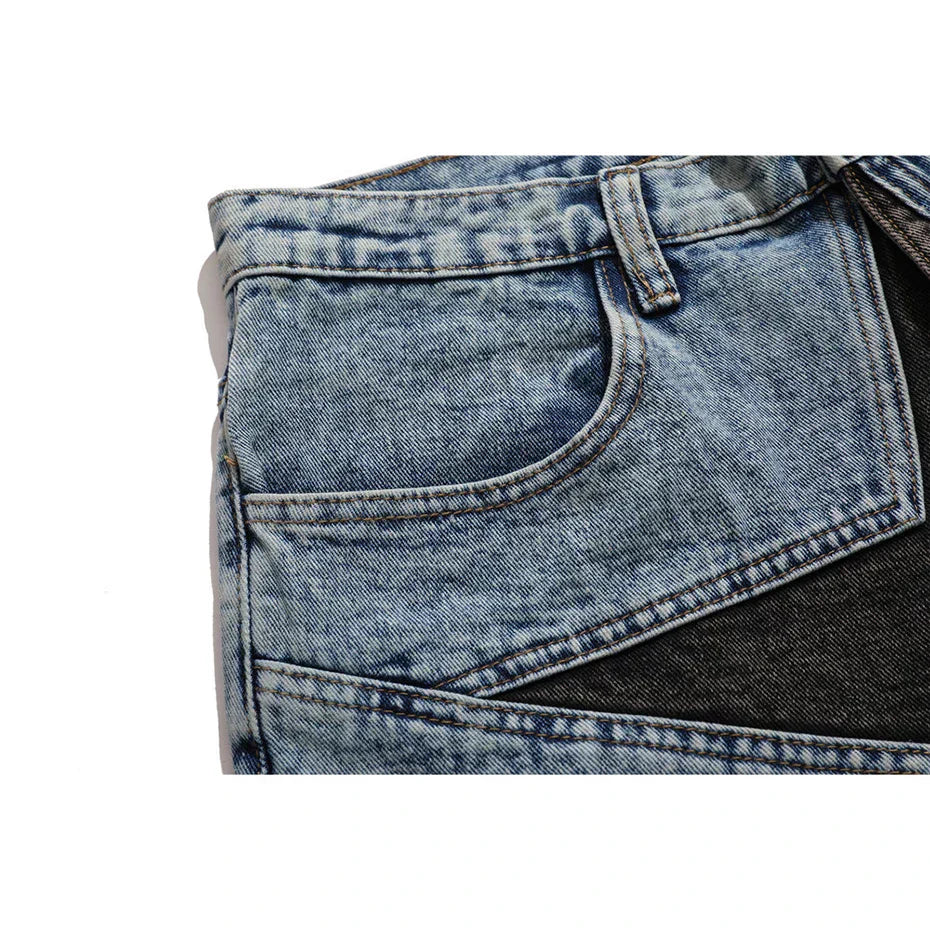 ACID-WASH DENIM SHORTS WITH BLACK STAR DESIGN HIP HOP SHORTS