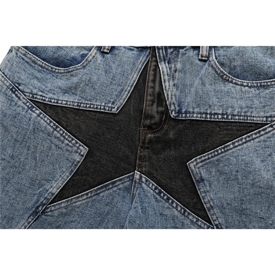 ACID-WASH DENIM SHORTS WITH BLACK STAR DESIGN HIP HOP SHORTS