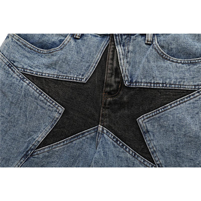 ACID-WASH DENIM SHORTS WITH BLACK STAR DESIGN HIP HOP SHORTS