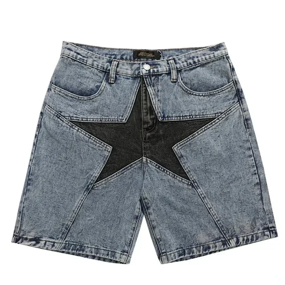 ACID-WASH DENIM SHORTS WITH BLACK STAR DESIGN HIP HOP SHORTS