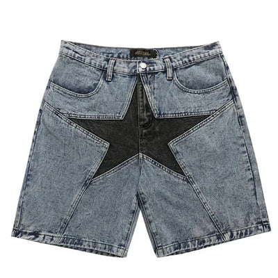 ACID-WASH DENIM SHORTS WITH BLACK STAR DESIGN HIP HOP SHORTS