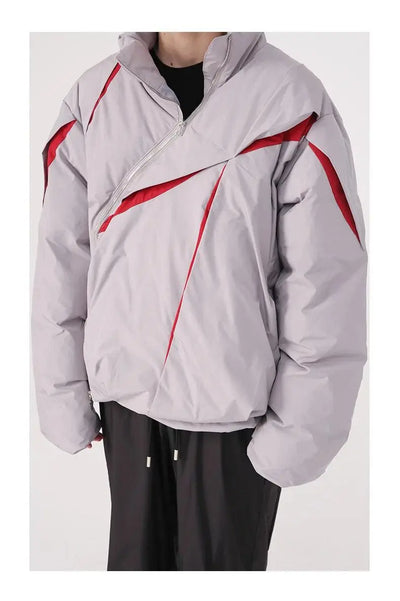ASYMMETRICAL BLACK PUFFER JACKET WITH TURN-DOWN COLLAR AND COTTON LINING