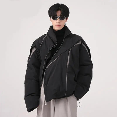 ASYMMETRICAL BLACK PUFFER JACKET WITH TURN-DOWN COLLAR AND COTTON LINING