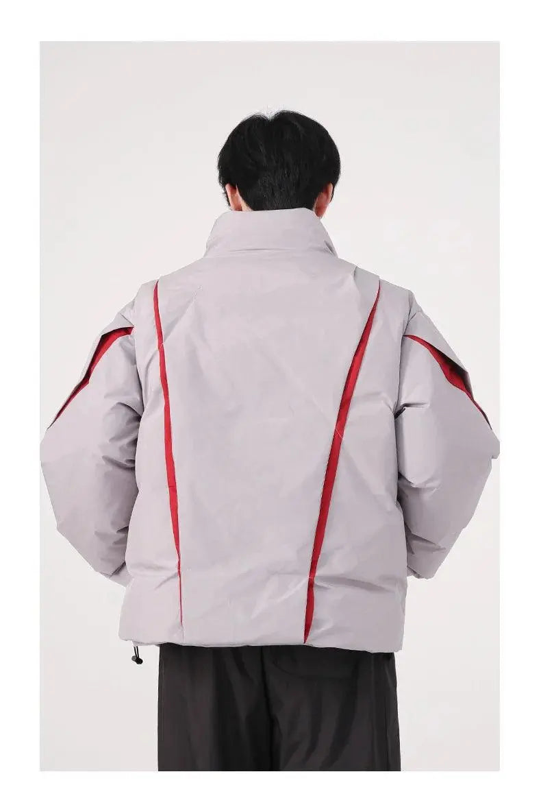 ASYMMETRICAL BLACK PUFFER JACKET WITH TURN-DOWN COLLAR AND COTTON LINING