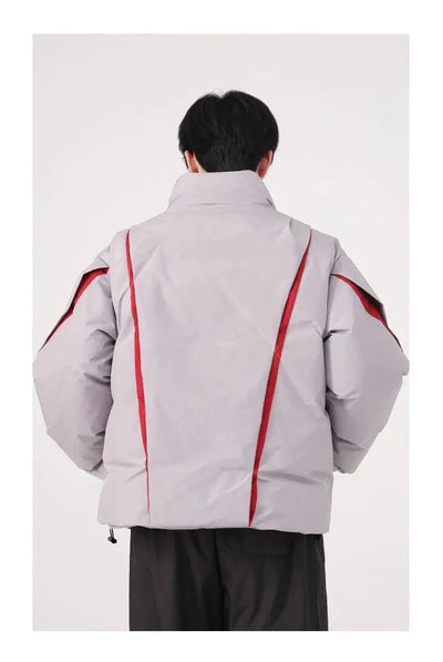 ASYMMETRICAL BLACK PUFFER JACKET WITH TURN-DOWN COLLAR AND COTTON LINING
