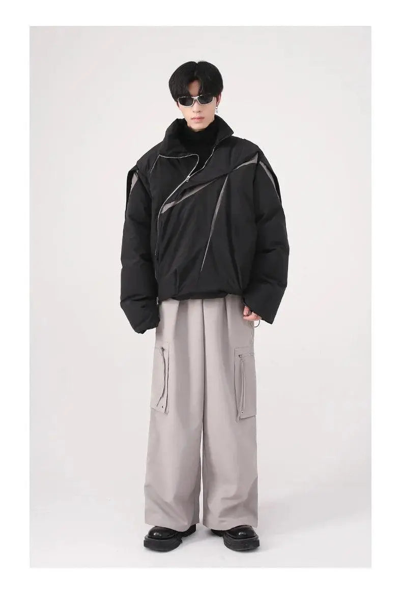 ASYMMETRICAL BLACK PUFFER JACKET WITH TURN-DOWN COLLAR AND COTTON LINING